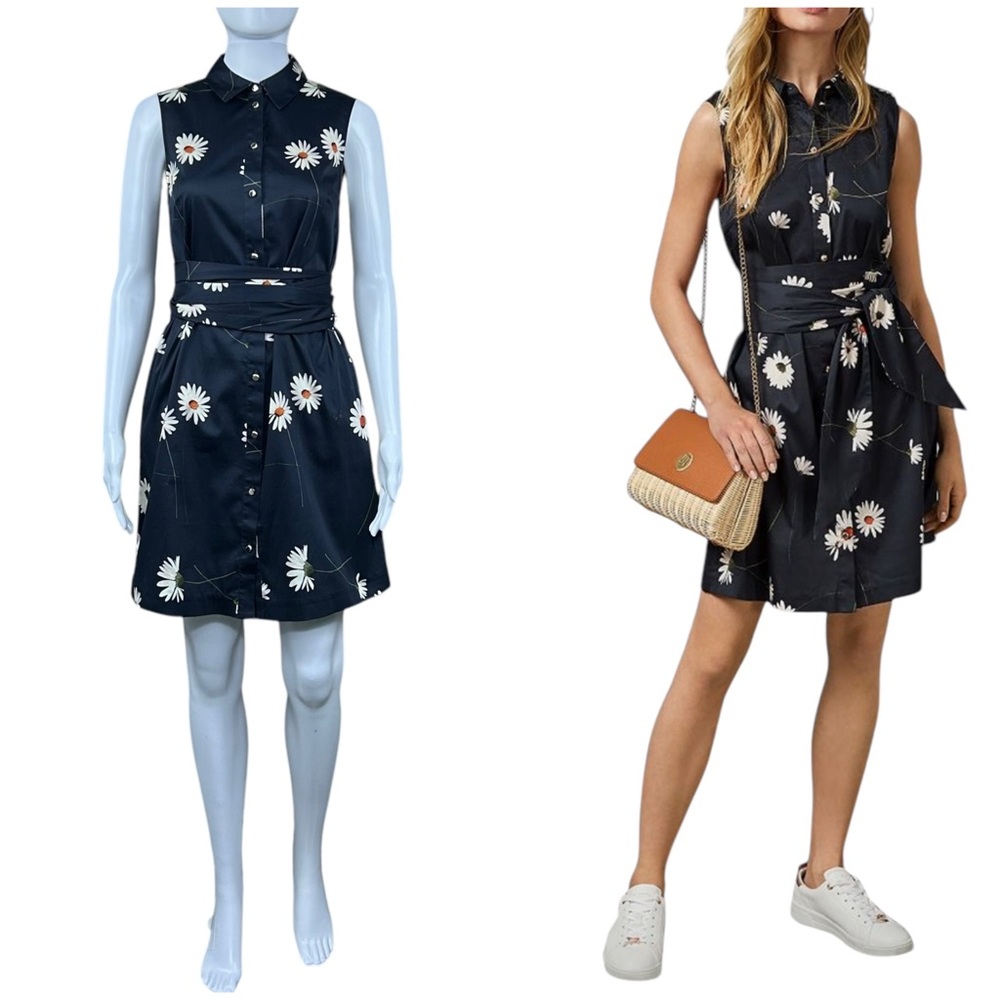 Ted Baker Ertta Daisy Print Belted Dress Size 2 (US) Sash Waist Pockets